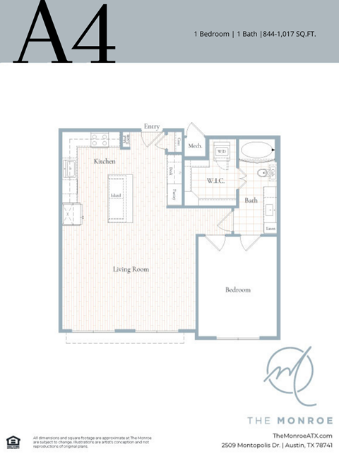 Floor plan for 1 bed, 1 bath, 979 sqft